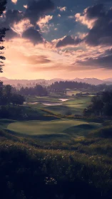 Sunset over rolling golf course with distant mountains.
