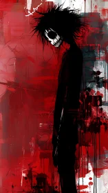 Silhouetted figure with skeletal face stands before red field