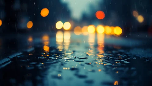 Shallow depth of field reveals neon bokeh over wet city pavement
