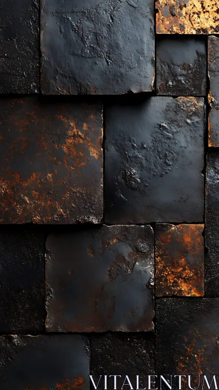 Oxidized metal tiles form a dark modular rusted facade