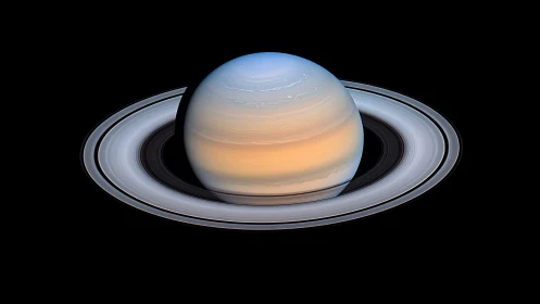 Ringed giant draped in pastel storms on velvet space stage.
