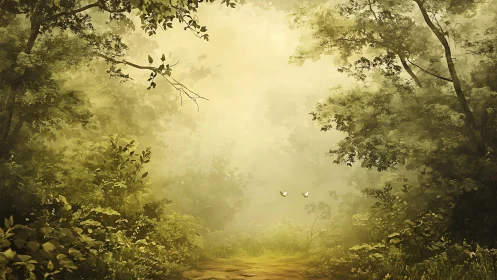 Luminous Forest Clearing: Ethereal Landscape with Soft Golden Atmospheric Haze