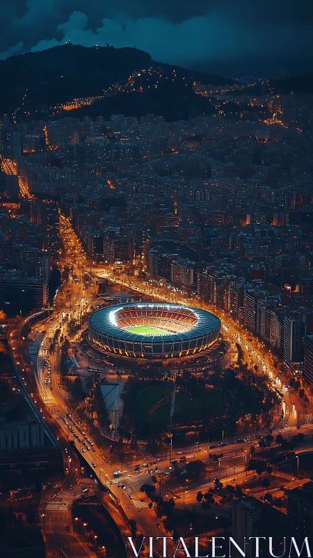 Floodlit urban stadium glows against moody night skyline