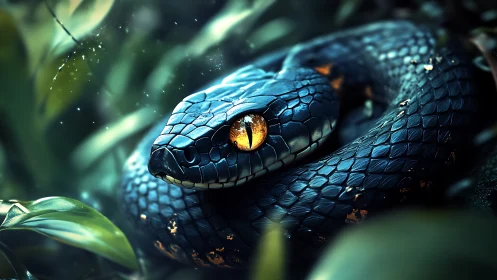 Glowing-eyed forest serpent resting in cool emerald shadows.