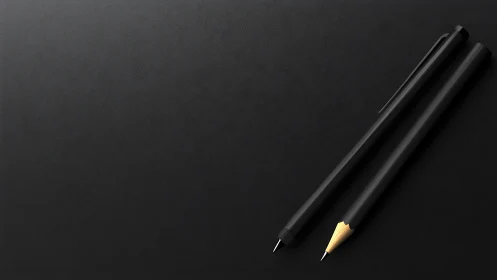 Black pencil and pen rest on textured dark leather surface