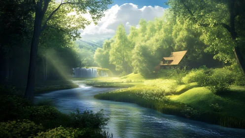 Sunlit forest hideaway by a calm river and soft falls.