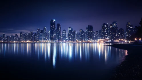 Night city skyline reflects across calm urban harbor