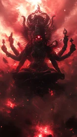 Fiery multi armed goddess levitates amid erupting cosmic storm