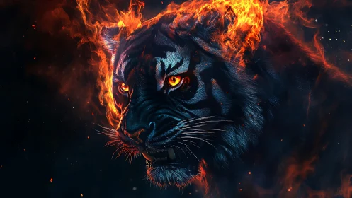 Fiery tiger head glows against dark background in profile.