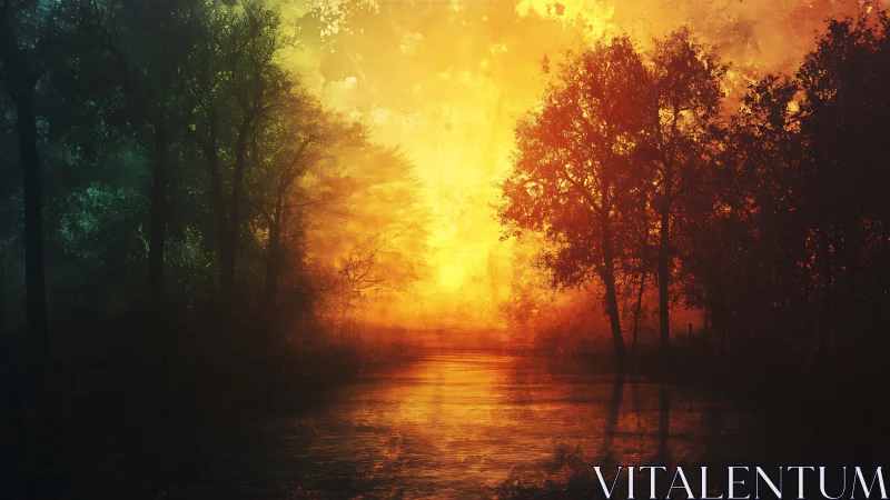 Backlit forest river rendered in atmospheric digital chiaroscuro