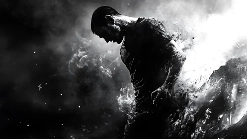 Shadowborn fighter erupts from smoke in monochrome storm.