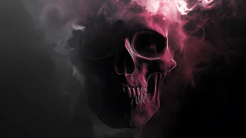 Crimson smoke skull emerging from velvety cosmic shadow.