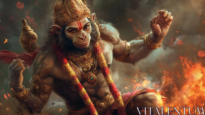 Mythic simian warrior in flaming battlefield, ornate regalia.