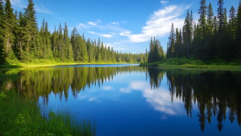 Calm forest lake reflecting bright skies and quiet pines.