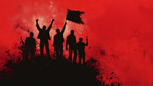 Silhouetted protest figures against high-contrast red grunge field