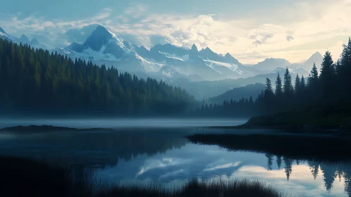 Mountain lake with conifer forest and distant snow peaks.