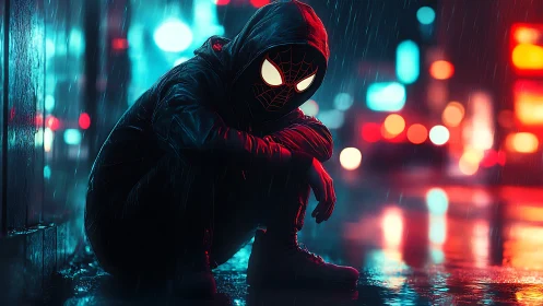Hooded street vigilante crouches in neon rain-soaked city.
