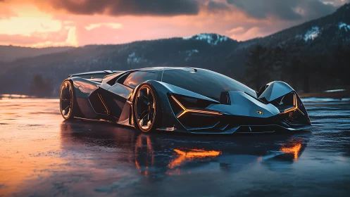 Futuristic hypercar glows on a wet mountain runway at dusk.