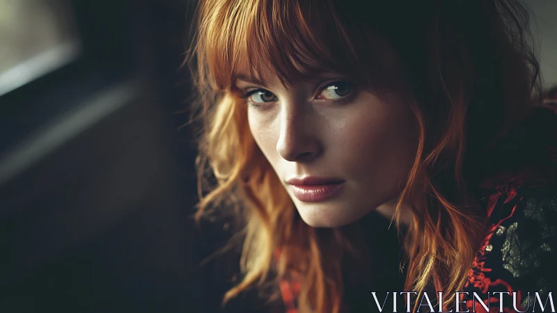 Quiet ember gaze under windowlight, wrapped in patterned dusk.