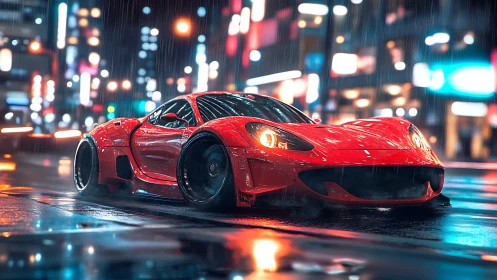 Red supercar slices through neon city streets in the rain