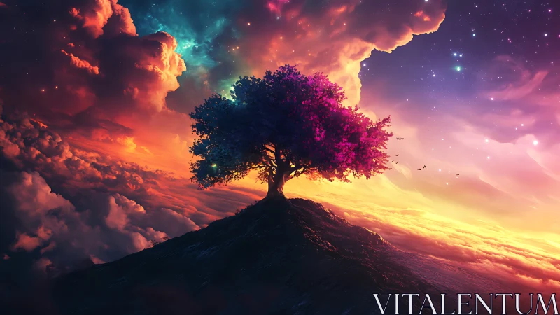 Luminous cosmic tree silhouetted on radiant cloud horizon.