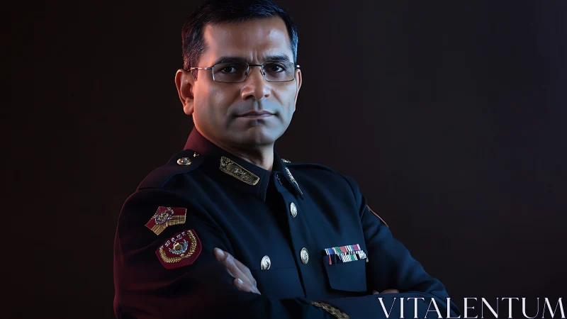 Confident military officer stands in dramatic studio lighting
