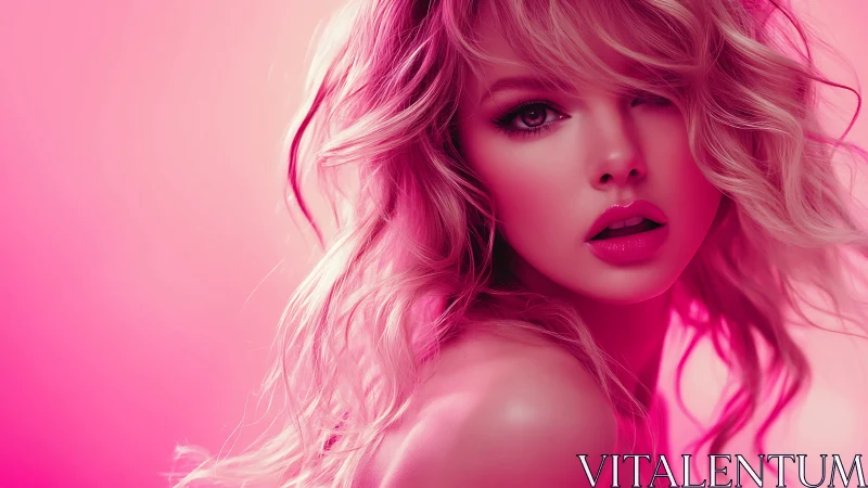 Neon pink portrait of blonde woman in glossy soft focus.