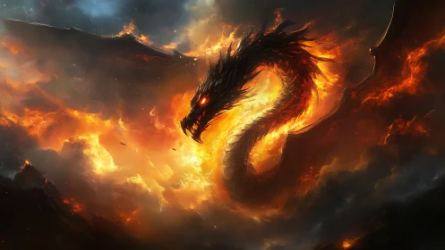 Infernal serpent dragon spiraling through stormfire skies.