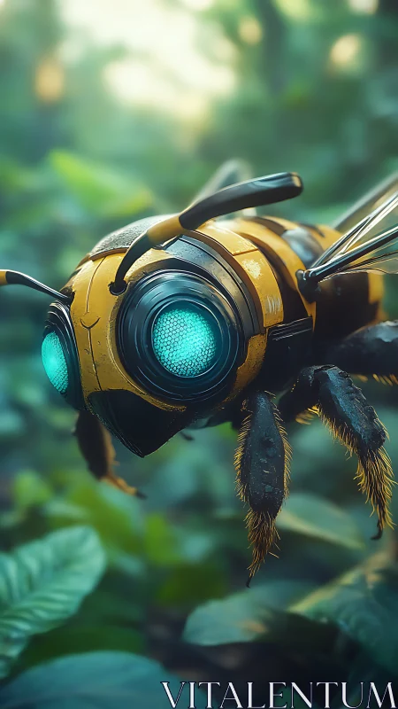 Curious robo-bee drifts through a dreamy forest glow.