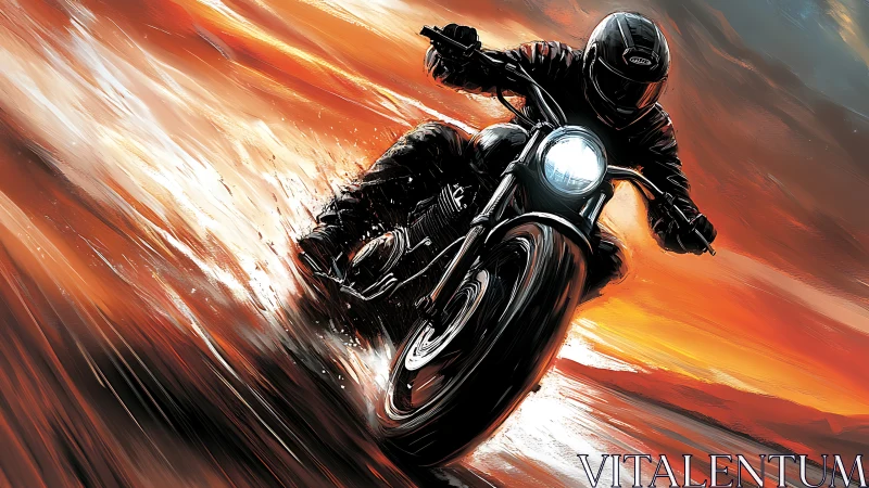 Motorcycle accelerates through sunset streaks in dynamic digital art