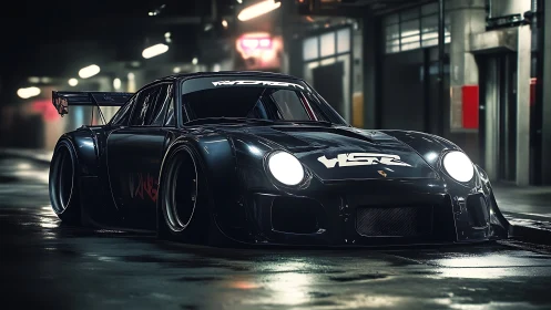 Widebody race car rendered in cinematic cyber-noir lighting