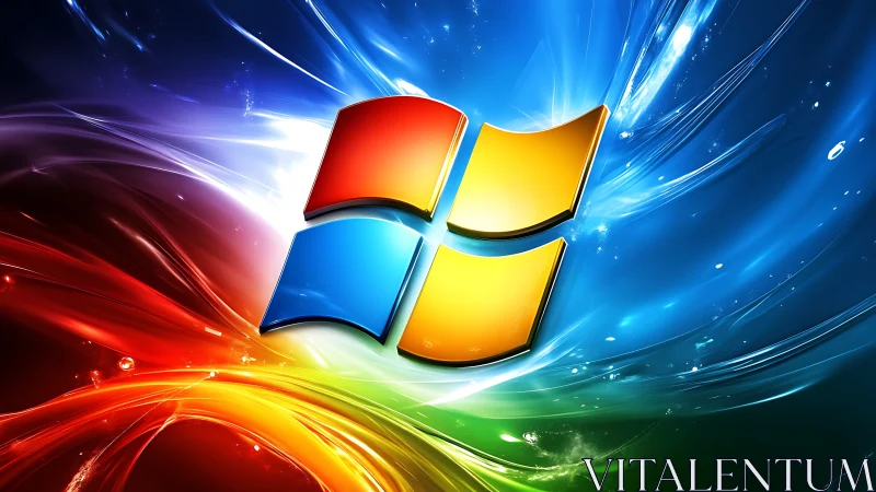 Windows-style multicolor logo on dynamic light burst background.