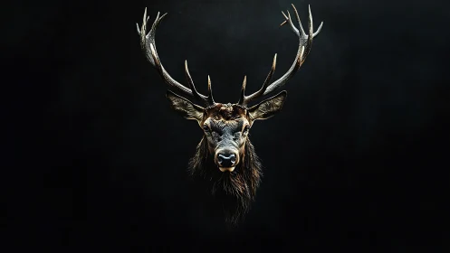 Stag head with extended antlers is isolated on dark ground