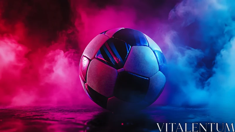 Bicolor smoke-immersed football under cinematic rim lighting.