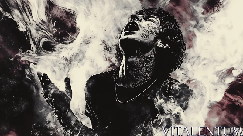 Tattooed figure screams inside swirling monochrome smoke