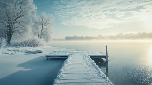 Snowy lakeside pier extends into misty blue winter calm