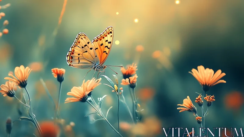 Sunlit butterfly poised over dreamy teal meadow blooms.