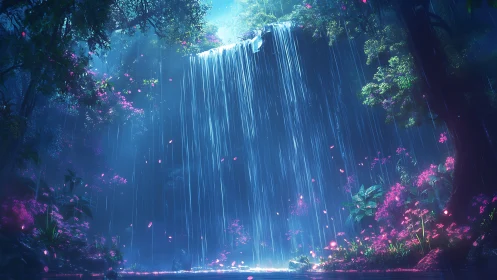 Enchanted forest waterfall glows gently in soft neon light