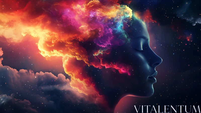 Nebula-formed female profile merges with starfield in luminous spectrum