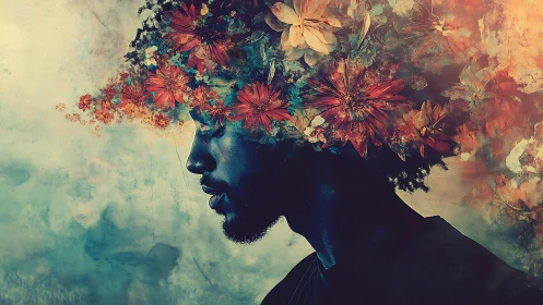 Floral dreams bloom from a serene profile in rich color haze