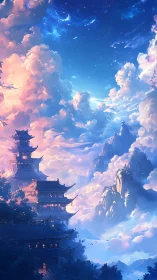 Layered pagoda complex set against dense illuminated clouds