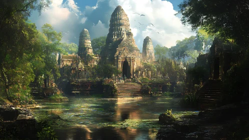 Luminous jungle temple complex over reflective lily basin.