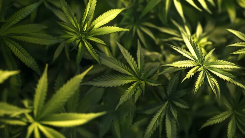 Cannabis plant foliage in dense green overhead view.