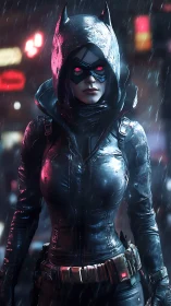 Hooded masked vigilante in rain lit by urban neon lights.