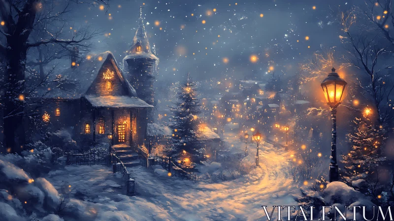 Snow-covered village street with illuminated houses at dusk.