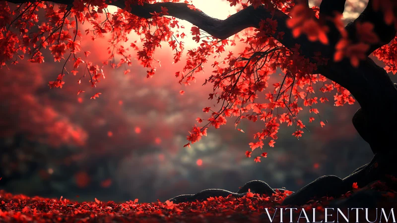 Crimson autumn tree leans gently over a softly glowing forest