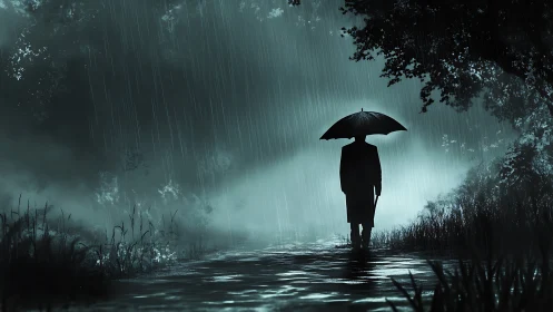 Solitary figure with umbrella walks misty forest path