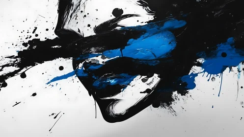 Abstract ink portrait dissolves in bold black and blue strokes