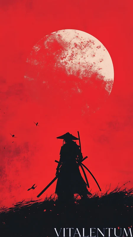 Lone ronin stalks a blood-red horizon beneath ghost moon.