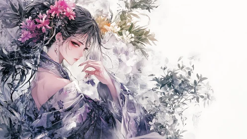 Intricate anime portrait merges floral kimono fabric with dissolving watercolor background